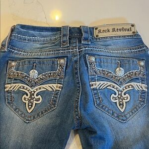 Rock Revival Women's Jeans with Blue and White Embellishments